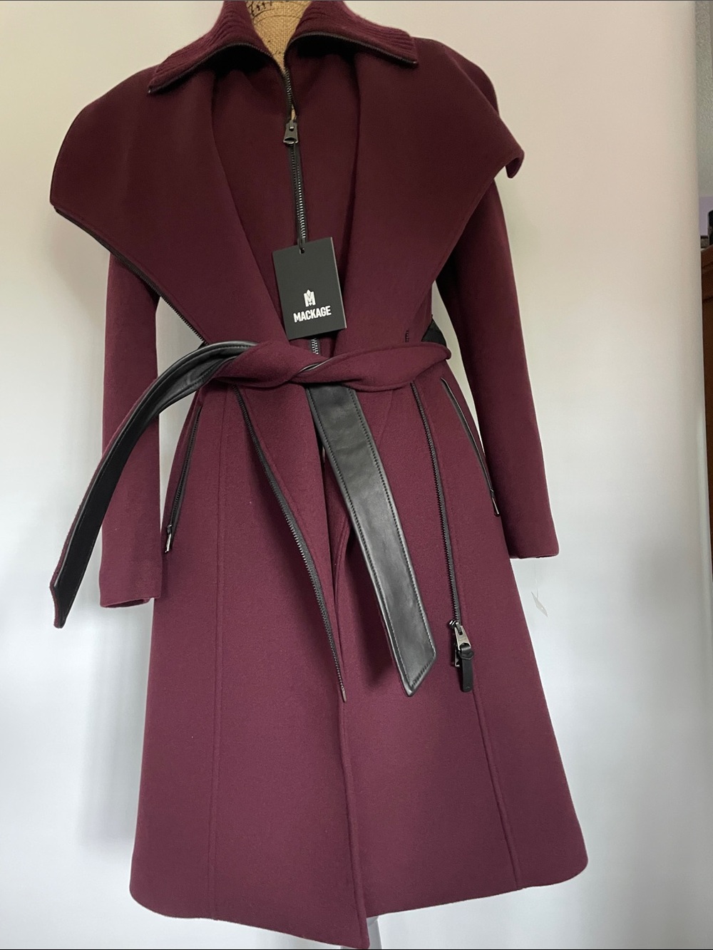 Mackage Burgundy Wine Trench Coat with Black Leather Trim NWT XS